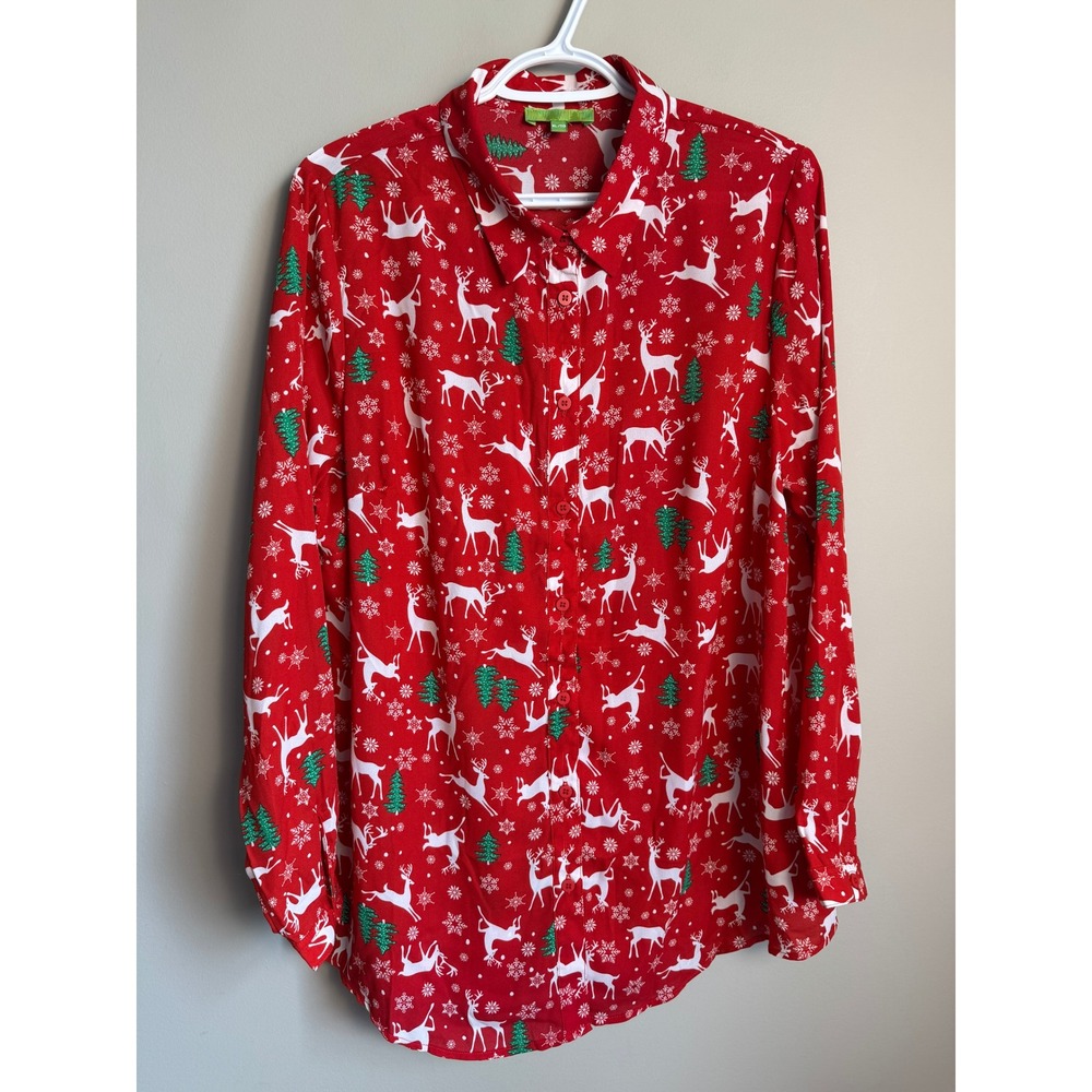 Womens Red Reindeer Christmas Button Down Shirt XL Holiday Festive Xmas Party